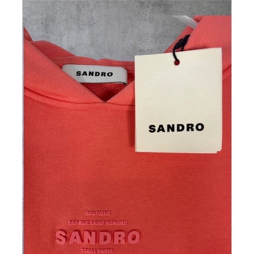 Sandro Paris Coral Pink Embossed Logo Hoodie Sweatshirt Size Extra Large - Picture 14 of 15